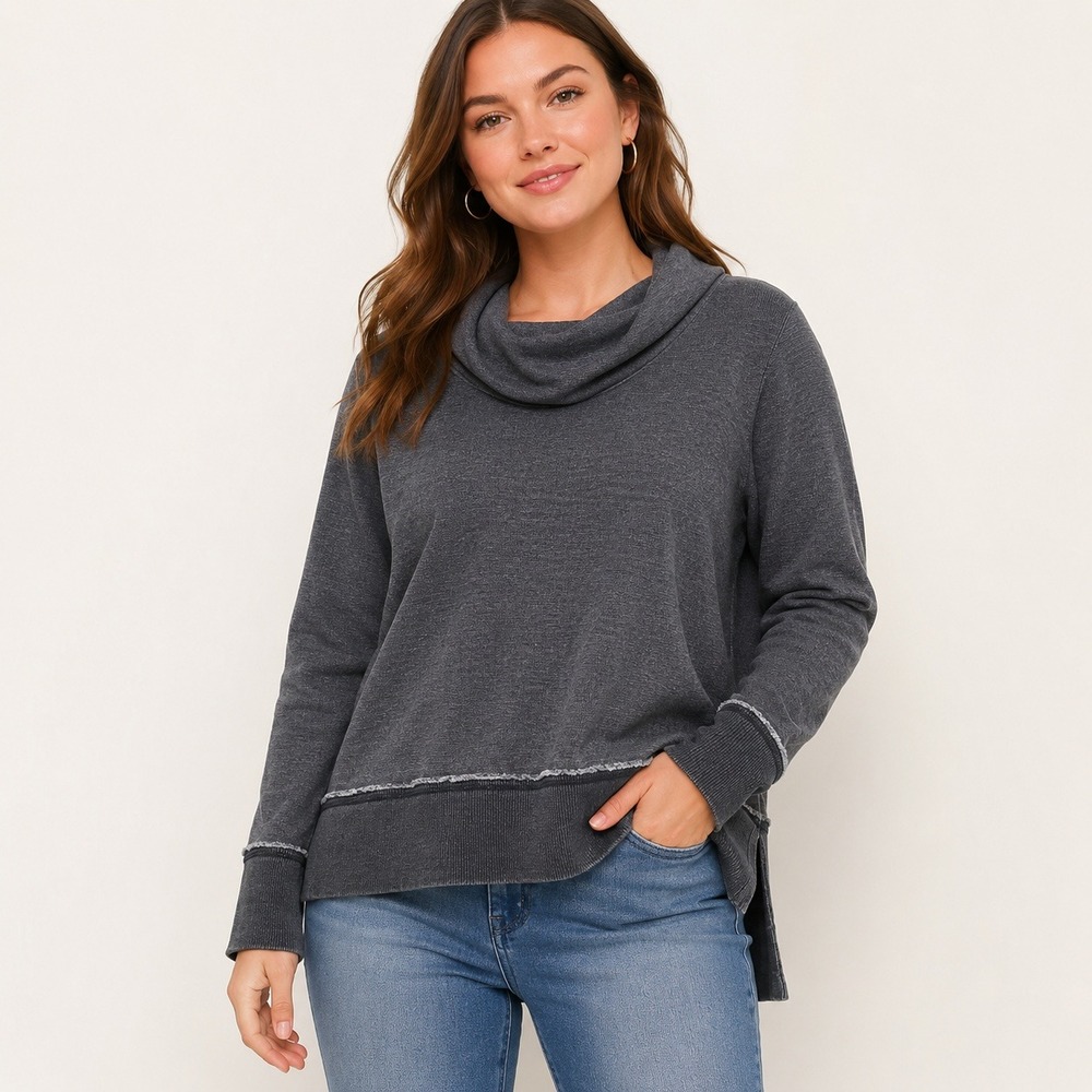 Lucky Brand Womens Cowl Neck Pullover Sweater Gray Marl Long Sleeve L 7W72342